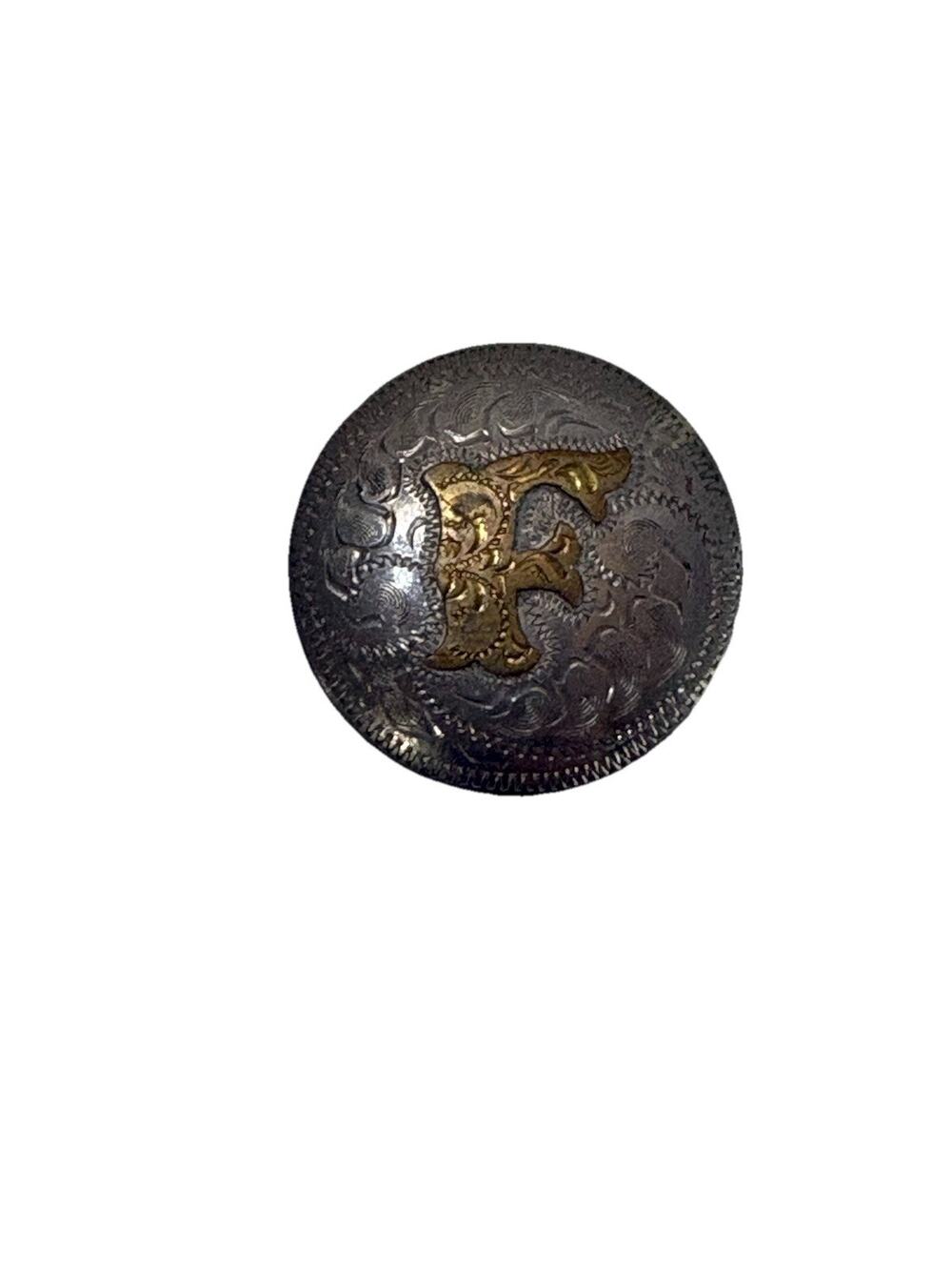 Round Concho Button With Silver and Gold Color With The Letter F In The Middle